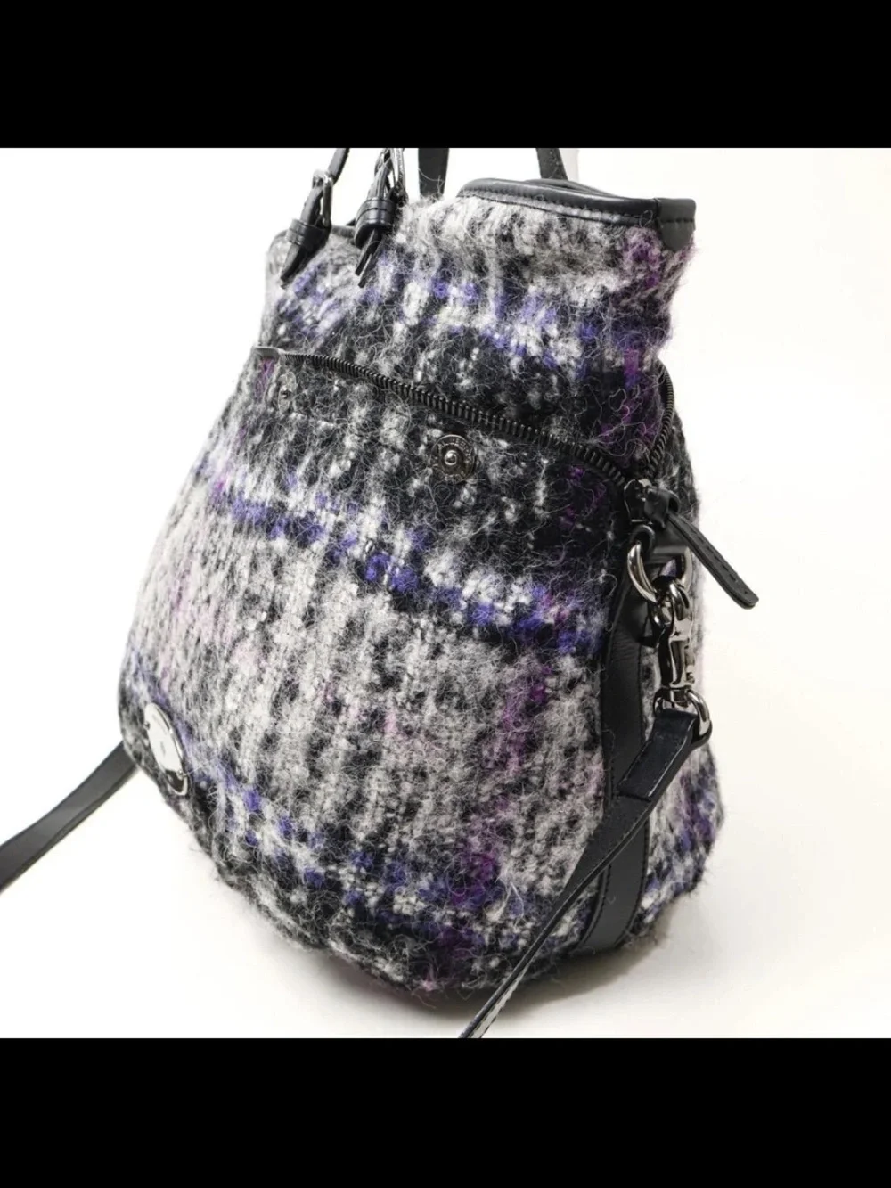 Mulberry Gray & Purple Plaid Wool Tote with Black Leather Trim
